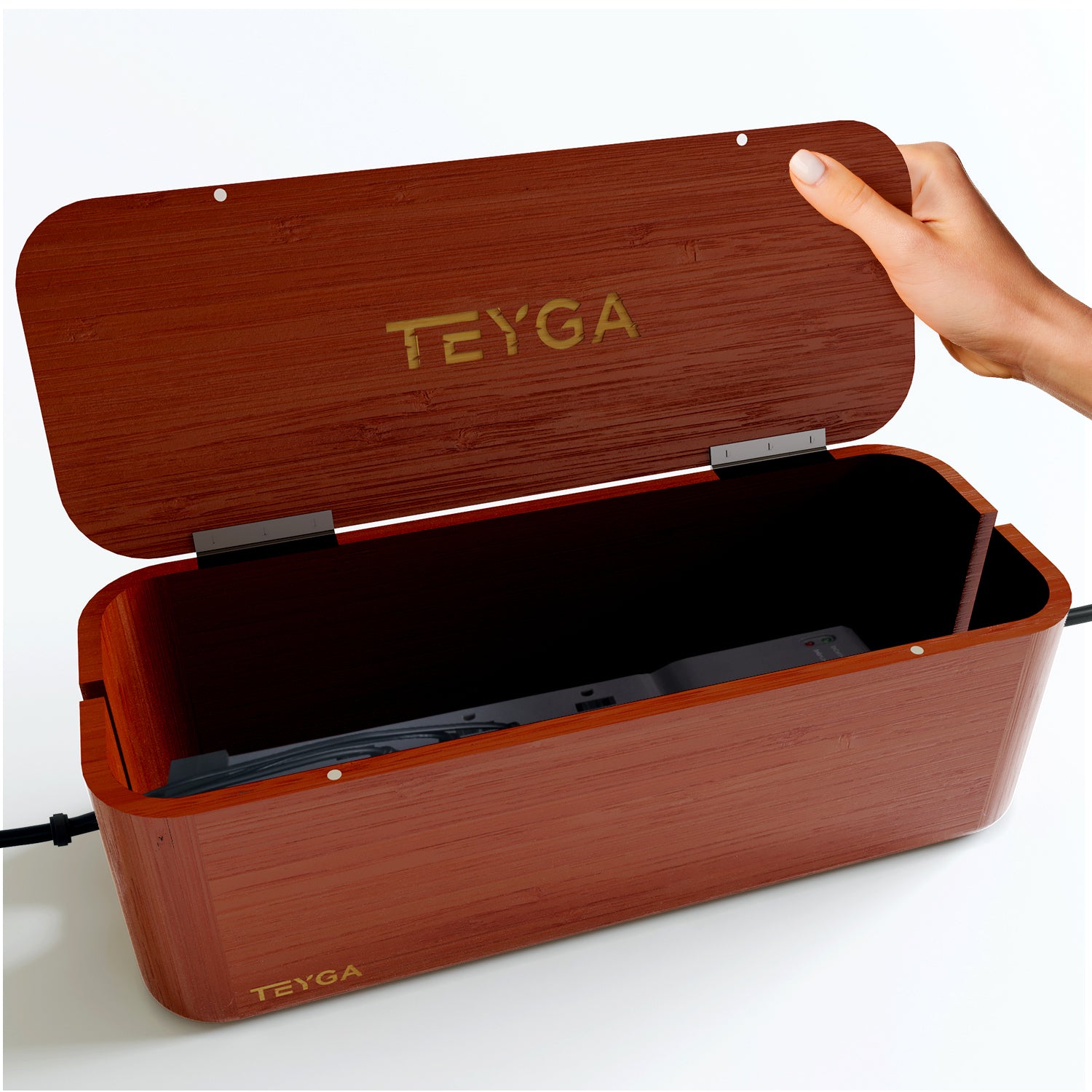Dos de las cajas de gestión de cables de bambú TEYGA – Elegante caja  organizadora de cables oculta la regleta y mantiene los cables desenredados  –